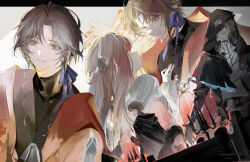 1boy 1girl absurdres black_cloak brown_hair cloak female_commander_(forever_7th_capital) forever_7th_capital green_eyes highres hood hooded_cloak jacket long_hair looking_at_another red_jacket rrrr_222 short_hair upper_body viatin_(forever_7th_capital)