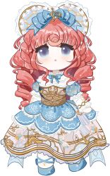 1girl absurdres argyle_bonnet argyle_clothes argyle_sleeves armor bare_shoulders blue_bonnet blue_bow blue_dress blue_eyes blue_shoes blue_wrist_cuffs bonnet bow breastplate character_print chinese_commentary collar commentary_request cross-laced_clothes cross-laced_sleeves deformed detached_sleeves dress drill_hair eyelashes faewish_sprite footwear_bow fortissimo frilled_collar frilled_headwear frilled_sleeves frilled_wrist_cuffs frills green_brooch hair_bow hair_ornament highres hime_lolita infinity_nikki light_blush lolita_fashion long_dress long_hair looking_at_viewer musical_note musical_note_hair_ornament musical_note_print nikki_(series) off-shoulder_dress off_shoulder pantyhose puffy_short_sleeves puffy_sleeves red_hair shoes short_sleeves simple_background solo standing treble_clef triangle_mouth very_long_hair white_background white_collar white_pantyhose white_sleeves wrist_cuffs zhizhizhizhizhizong