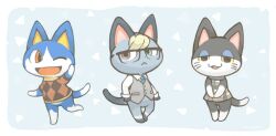 3boys :&lt; animal_crossing argyle_clothes argyle_sweater border cat dot_nose full_body furry furry_male glasses grey_vest heterochromia konanbo male_focus multiple_boys nintendo open_mouth plaid_clothes plaid_shirt punchy_(animal_crossing) raymond_(animal_crossing) rover_(animal_crossing) shirt sweater vest white_border