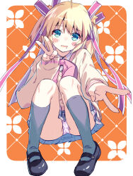 1girl :d ahoge akayama_yukihe black_shoes blonde_hair blue_eyes blush_stickers border bow bowtie commentary double_v drooling foreshortening full_body grey_skirt grey_socks gyaru_v hair_between_eyes hair_ornament hair_ribbon hand_up highres kamikita_komari kneehighs knees_together_feet_apart knees_up little_busters! little_busters!_school_uniform long_ribbon looking_at_viewer mary_janes medium_hair miniskirt mouth_drool open_mouth orange_background outside_border outstretched_arm panties pink_bow pink_bowtie plaid_clothes plaid_skirt pleated_skirt red_ribbon ribbon school_uniform shoes sidelighting simple_background sitting skirt sleeves_past_wrists smile socks solo star_(symbol) star_hair_ornament sweater tareme two_side_up underwear v white_border white_panties yellow_sweater