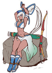 1girl archery armpits arms_behind_head bikini blue_eyes breasts cleavage covered_erect_nipples dark-skinned_female dark_skin eyepatch feet gloves hair_ribbon half-closed_eye highres large_breasts legs majikina_mina navel parted_lips ribbon samurai_spirits sarong seductive_gaze sideboob snk swimsuit teeth thighs thong_bikini white_hair