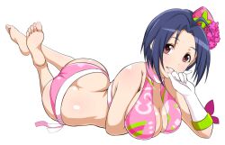 1girl ass back bare_shoulders bikini blush breasts brown_hair feet flower gloves half_gloves hat idolmaster idolmaster_(classic) jabara_tornado large_breasts looking_at_viewer lying miura_azusa on_stomach pink_bikini pink_hair print_bikini red_eyes short_hair simple_background smile soles swimsuit teeth toes white_background white_gloves