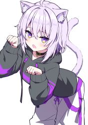 1girl ahoge animal_ear_fluff animal_ears black_collar black_hoodie cat_ears cat_girl cat_tail collar fang highres hololive hood hoodie kaie medium_hair nekomata_okayu nekomata_okayu_(1st_costume) pants paw_pose purple_eyes purple_hair skin_fang solo tail virtual_youtuber white_background white_pants