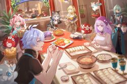 Rule 34 | 3boys, 6+girls, aglaea (honkai: star rail), anaxa (honkai: star rail), animal ear hood, aqua eyes, aqua hair, basket, beret, black hood, black jacket, black shirt, blonde hair, blue eyes, bread, castorice (honkai: star rail), chimera (honkai: star rail), chrysos heirs (honkai: star rail), cipher (honkai: star rail), colored tips, dress, drill hair, dumpling, eyepatch, fake animal ears, flower, food, fruit, green eyes, green hair, hair flower, hair intakes, hair ornament, hat, head wreath, headscarf, highres, honkai: star rail, honkai (series), hood, hyacine (honkai: star rail), indoors, jacket, little ica (honkai: star rail), long hair, multicolored hair, multiple boys, multiple girls, mydei (honkai: star rail), pancake, pancake stack, phainon (honkai: star rail), pink hair, plate, purple eyes, purple hair, purple headscarf, red hair, red hat, shirt, short hair, table, tanemaki monaka, trianne (honkai: star rail), tribbie (honkai: star rail), trinnon (honkai: star rail), twin drills, white dress, white flower, white hair