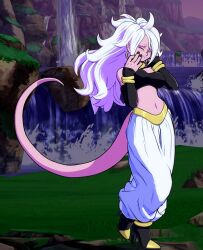 1girl android_21 animated animated_gif arabian_clothes bandeau bracelet breasts closed_eyes colored_skin detached_sleeves dragon_ball dragon_ball_fighterz earrings happy harem_pants high_heels jewelry long_hair majin_android_21 midriff navel neck_ring pants pink_skin ring smile tail water waterfall white_hair white_pants