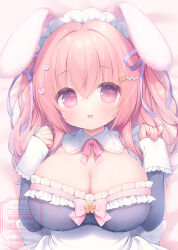 1girl :d animal_ears bed_sheet blue_dress blush breasts cleavage commentary_request dress english_text hair_between_eyes hair_ornament hair_ribbon hands_up heart heart_hair_ornament large_breasts long_hair long_sleeves looking_at_viewer lying on_back open_mouth original pinching_sleeves pink_hair purple_eyes purple_ribbon rabbit_ears ribbon sakura_(usashiro_mani) sleeves_past_wrists smile solo two_side_up upper_body usashiro_mani watermark