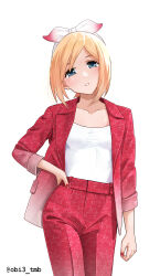 1girl absurdres alternate_costume blonde_hair bow_hairband collarbone commentary contemporary cowboy_shot eyelashes formal_clothes hairband hand_on_own_hip head_tilt highres irida_(pokemon) jacket looking_at_viewer medium_hair nail_polish nintendo obi3 open_clothes open_jacket pants pokemon pokemon_legends:_arceus red_jacket red_nails red_pants shirt simple_background suit twitter_username white_background white_hairband white_shirt