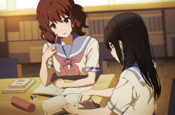 2girls black_hair blue_sailor_collar brown_eyes brown_hair commentary_request eraser hibike!_euphonium holding holding_pen indoors kitauji_high_school_uniform kousaka_reina lie_lack1080 long_hair medium_hair multiple_girls neckerchief notebook open_mouth oumae_kumiko pen pencil_case purple_eyes red_neckerchief sailor_collar school_uniform shirt short_sleeves studying white_shirt