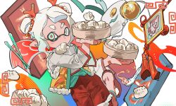 1girl aqua_eyes steamed_bun box chopsticks double_bun fake_horns food food_in_mouth hair_bun highres holding holding_box horns inkling inkling_girl inkling_player_character kiwi_splatoon medium_hair nintendo simple_background solo splatoon_(series) spoon tentacle_hair thick_eyebrows white_background white_hair
