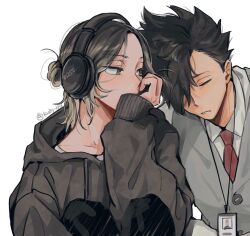 2boys black_hair black_hoodie black_pants blonde_hair brown_eyes closed_mouth collared_shirt covered_mouth covering_own_mouth formal_clothes gradient_hair grey_vest haikyuu!! hair_over_one_eye headphones highres hood hood_down hoodie id_card kozume_kenma kuby_hq kuroo_tetsurou long_sleeves looking_at_another male_focus multicolored_hair multiple_boys necktie one_eye_covered pants parted_hair parted_lips red_necktie shirt sleeves_past_wrists spiked_hair teeth twitter_username vest white_background white_shirt wing_collar