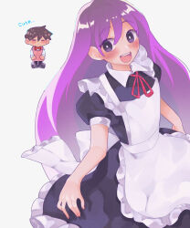 1boy 1girl :d alternate_costume apron back_bow black_dress black_eyes black_shoes blush bow bowtie bright_pupils brown_hair chibi chibi_inset closed_eyes collared_dress commentary commentary_request contrast_collar double-parted_bangs dress english_commentary english_text enmaided film_grain fingernails frilled_apron frilled_dress frills from_above grey_background hair_behind_ear hair_between_eyes hero_(faraway)_(omori) hero_(omori) highres long_hair looking_at_viewer maid maid_apron mari_(headspace)_(omori) mari_(omori) maromichan mixed-language_commentary neck_ribbon omori open_mouth pink_apron puffy_short_sleeves puffy_sleeves purple_hair raised_eyebrows red_bow red_bowtie red_ribbon ribbon shoes short_hair short_sleeves sideways_glance simple_background smile solo_focus star_(symbol) teeth tongue upper_body upper_teeth_only very_long_hair white_apron white_bow white_pupils