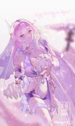 1girl black_shorts breasts cleavage closed_mouth commentary commentary_request corset diamond-shaped_pupils diamond_(shape) elysia_(herrscher_of_human:_ego)_(honkai_impact) elysia_(honkai_impact) english_commentary falling_petals gloves happy_birthday highres honkai_(series) honkai_impact_3rd large_breasts long_hair looking_at_viewer mixed-language_commentary petals pink_hair pink_sky purple_eyes rekodayo13 short_shorts shorts sky smile solo symbol-shaped_pupils thighs triquetra twitter_username veil very_long_hair white_corset white_gloves white_veil