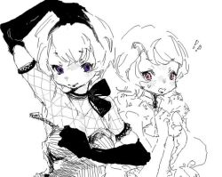 2girls artist_request black_lips goth_fashion homestuck multiple_girls non-web_source pink_eyes purple_eyes rose_lalonde roxy_lalonde source_request