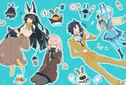 1boy 3girls ^_^ animal_ear_fluff animal_ears asaba_harumasa bangboo_(zenless_zone_zero) black_choker black_hair black_pantyhose blue_kimono blue_necktie blue_oni blue_skin blunt_bangs brown_cardigan brown_coat brown_pants brown_scarf brown_skirt c_ixxp cardigan choker closed_eyes coat collared_shirt colored_skin corded_phone eous_(zenless_zone_zero) fox_ears fox_girl glasses hair_between_eyes hair_between_horns highres holding holding_phone horns hoshimi_miyabi japanese_clothes kimono multicolored_horns multiple_girls necktie obi official_alternate_costume one_eye_closed oni pants pantyhose phone pink_hair red_eyes sash scarf shirt skirt smile socks soukaku_(zenless_zone_zero) tsukishiro_yanagi two-tone_horns white_hair white_shirt yellow_socks zenless_zone_zero