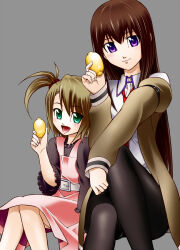 2000s_(style) 2girls :d arm_belt belt belt_buckle black_shorts blush brown_hair buckle camisole child closed_mouth collar collared_shirt comiket_82 dress eibon food frilled_collar frilled_sleeves frills fruit green_eyes hair_over_shoulder holding holding_lemon jacket jacket_partially_removed knee_up leather_shorts lemon long_hair long_sleeves looking_at_viewer loose_necktie makise_kurisu multiple_girls necktie open_clothes open_mouth pantyhose pinafore_dress pink_dress purple_eyes red_necktie shirt short_hair short_twintails shorts sitting sleeveless sleeveless_dress smile steins;gate tennouji_nae tongue twintails white_belt wide_sleeves