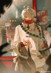 Rule 34 | 1boy, absurdres, against window, analogous colors, black pants, blue eyes, blurry, blurry foreground, building, candy, covered mouth, cowboy shot, earphones, food, fuyun (guilongchao), glass writing, guilongchao, hair over one eye, hand up, high collar, highres, holding, holding candy, holding food, jacket, looking at hand, looking down, male focus, night, night sky, one eye covered, pants, people, ponytail, red shirt, sanyue xun, shirt, short hair, short ponytail, sky, straight-on, watermark, weibo watermark, white hair, white jacket, window