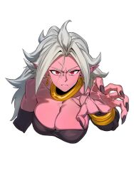 1girl absurdres android_21 black_nails bracelet breasts colored_skin commentary dragon_ball dragon_ball_fighterz earrings highres hoop_earrings jewelry large_breasts long_hair majin_android_21 pink_skin pointy_ears red_eyes solo white_hair zequung
