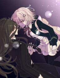 1boy 1girl animal_bag backpack bag black_jacket black_pants black_thighhighs brown_hair brown_skirt cat_bag danganronpa_(series) danganronpa_2:_goodbye_despair dress_shirt galaga highres holding_hands jacket jjigjjikk kamukura_izuru long_sleeves medium_hair miniskirt nanami_chiaki neck_ribbon open_clothes open_jacket pants pleated_skirt red_ribbon ribbon shirt skirt thighhighs two-tone_shirt white_shirt zettai_ryouiki