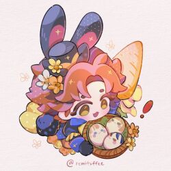 Rule 34 | 1boy, :&lt;, animal ears, basket, black gloves, black hair, blonde hair, blue eyes, blue hair, blush stickers, brown eyes, chibi, closed mouth, commentary, curtained hair, dimitri alexandre blaiddyd, egg, english commentary, felix hugo fraldarius, fire emblem, fire emblem: three houses, fire emblem heroes, flower, gloves, hair flower, hair ornament, hat, highres, ingrid brandl galatea, long sleeves, male focus, nintendo, official alternate costume, orange flower, orange hair, rabbit ears, remitoffee, simple background, smile, solo, sylvain jose gautier, sylvain jose gautier (spring), white background, white flower, yellow flower