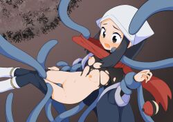 1girl :o akari_(pokemon) black_hair black_shirt blush breasts cleft_of_venus clothes_pull commentary_request eyelashes gen_4_pokemon hand_up headscarf highres hisuian_poke_ball jacket long_hair luke_(b10a3123m) navel nintendo nipples off_shoulder open_mouth pantyhose pantyhose_pull poke_ball pokemon pokemon_(creature) pokemon_legends:_arceus ponytail pussy raised_eyebrows red_scarf scarf shirt sidelocks small_breasts socks tangrowth tentacles torn_clothes torn_shirt white_headscarf white_headwear white_socks