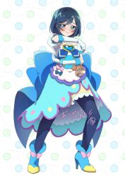 1girl absurdres ankle_boots apron black_thighhighs blue_eyes blue_hair blush boots brooch commission cure_spicy delicious_party_precure dress frills gloves heart heart_brooch highres huge_bow jewelry looking_at_viewer pam-pam polka_dot polka_dot_background precure ribbon short_hair skeb_commission thighhighs white_apron white_background white_gloves ya_togi_86