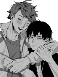 2boys arm_around_neck arm_up blush closed_mouth collarbone commentary_request crew_neck greyscale haikyuu!! hair_between_eyes hand_on_another&#039;s_arm highres jacket kageyama_tobio kna1o long_sleeves looking_to_the_side male_focus monochrome multiple_boys oikawa_tooru_(haikyuu!!) one_eye_closed parted_bangs popped_collar shirt sideways_glance swept_bangs teeth track_jacket unzipped upper_body upper_teeth_only veins veiny_hands zipper