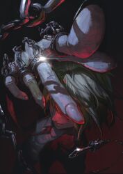 1boy arm_up blonde_hair chain closed_mouth collared_shirt commentary_request covered_eyes dutch_angle fingernails hand_chains highres hunter_x_hunter jacket kurapika male_focus necktie neg_(101neg) open_clothes open_jacket parted_hair shirt smile solo suit_jacket upper_body wing_collar