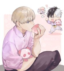 Rule 34 | !, !!, 2boys, angry, black hair, blonde hair, blue eyes, chinese clothes, eating, highres, kaji ren, long sleeves, multicolored hair, multiple boys, open mouth, pants, sakura haruka (wind breaker), shirt, short hair, soul (tamashii), split-color hair, spoken character, stuffed animal, stuffed panda, stuffed toy, v-shaped eyebrows, white hair, wind breaker (nii satoru)