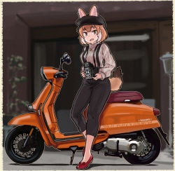 1girl animal_ears black_hat black_pants bow newsboy_cap camera capri_pants casual commentary_request dhole_(kemono_friends) dog_ears dog_girl dog_tail ears_through_headwear footwear_bow hat high_heels highres jewelry kemono_friends kemono_friends_3 light_brown_hair long_sleeves motor_vehicle multicolored_hair necklace official_alternate_costume pants red_bow red_footwear scooter shirt short_hair solo striped_clothes striped_shirt suspenders tail toriny turtleneck two-tone_hair vespa white_hair