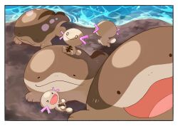 Rule 34 | &gt; &lt;, absurdres, border, clodsire, closed eyes, closed mouth, commentary request, day, evolutionary line, highres, katiwari7293, lying, nintendo, no humans, open mouth, outdoors, paldean wooper, pokemon, pokemon (creature), pokemon focus, smile, tongue, water, white border