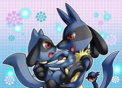 00s 1boy age_difference bad_id bad_pixiv_id blush evolutionary_line father_and_son gen_4_pokemon lucario mother_and_child nintendo pokemon pokemon_(creature) red_eyes riley_(pokemon) riolu smile wauwa