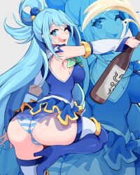 1girl absurdres aqua_(konosuba) ass blue_boots blue_eyes blue_hair blue_panties blue_shirt blue_skirt boots bottle bow bowtie breasts commentary detached_sleeves english_commentary from_behind green_bow green_bowtie hair_rings high_heel_boots high_heels highres holding holding_bottle kono_subarashii_sekai_ni_shukufuku_wo! large_breasts long_hair looking_at_viewer looking_back microskirt one_eye_closed open_mouth pale_riderz panties pleated_skirt saliva saliva_trail shirt single_hair_ring skirt sleeveless sleeveless_shirt solo splashing standing standing_on_one_leg striped_clothes striped_panties thigh_boots thighhighs thighhighs_under_boots underwear very_long_hair white_panties white_sleeves white_thighhighs zoom_layer