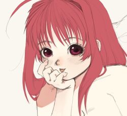 1girl ahoge blush breasts cleavage closed_mouth commentary_request hair_intakes hand_on_own_chin kagami_sumika long_hair looking_at_viewer muv-luv nude portrait red_eyes red_hair rikouries simple_background smile solo tongue tongue_out unfinished white_background