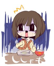 1girl ^^^ black_eyes blunt_bangs blunt_ends bob_cut bowl brown_hair cardigan cropped_torso eating fang fish_(food) idolmaster idolmaster_cinderella_girls long_sleeves maekawa_miku nervous_sweating open_mouth ribbon-trimmed_cardigan ribbon_trim rice_bowl scared short_hair sleeves_past_wrists solo sweat sweater swept_bangs turn_pale usoneko white_background yellow_cardigan yellow_sweater