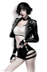 Rule 34 | 1girl, black choker, black gloves, black hair, black jacket, black nails, choker, crop top, devil may cry (series), fingerless gloves, gloves, green eyes, heterochromia, highres, jacket, lady (devil may cry), midriff, momokulala, nail polish, navel, red eyes, simple background, white background