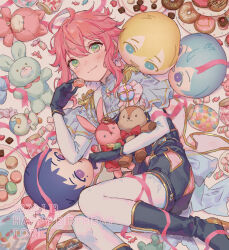 1boy ahoge black_boots black_gloves blush boots closed_mouth ensemble_stars! gloves green_eyes happy_birthday highres himemiya_tori holding holding_stuffed_toy long_sleeves looking_at_viewer lying male_focus on_side pink_hair pink_ribbon ribbon short_hair sidelocks smile solo stuffed_animal stuffed_toy yutsumoe