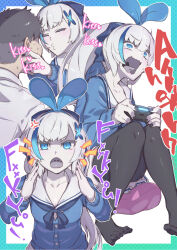 1boy 1girl angry annoyed azur_lane black_hair black_nails blue_bow blue_bowtie blue_eyes blue_hair blue_hairband blue_ribbon blue_shirt blush bow bowtie breasts cleavage colored_skin commander_(azur_lane) cosplay english_text facing_another facing_viewer full_body hair_between_eyes hair_ornament hair_ribbon hairband hands_on_another&#039;s_cheeks hands_on_another&#039;s_face head_grab highres imminent_kiss kizuna_ai kizuna_ai_(cosplay) kizuna_ai_inc. knees_together_feet_apart long_hair long_sleeves looking_at_viewer meme miniskirt multicolored_hair multiple_views myuutau_tadakichi nail_polish pale_skin pleated_skirt ponytail profanity ribbon screaming serious shirt shouting sitting skirt solo_focus streaked_hair tb_(azur_lane) tearing_up thighhighs two-tone_hair upper_body very_long_hair white_hair white_shirt white_skin white_skirt x_hair_ornament