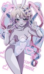 1girl aegyo_sal animal_ear_hairband animal_ears blonde_hair blue_eyes blue_hair bow breasts chouzetsusaikawa_tenshi-chan chouzetsusaikawa_tenshi-chan_(playboy_bunny) cleavage colored_tips cowboy_shot detached_collar double_v english_text fake_animal_ears hair_bow hairband heart highres looking_at_viewer multicolored_hair multiple_hair_bows needy_girl_overdose nontraditional_playboy_bunny outline pink_hair pink_outline quad_tails rabbit_ear_hairband rabbit_ears rabbit_tail reno_(re_leno) tail tongue tongue_out twisted_torso v white_background wrist_cuffs