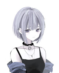 04tya 1girl 27-ji_no_cinderella :3 black_camisole black_choker camisole choker closed_mouth cross cross_necklace jacket jacket_partially_removed jewelry light_blush looking_at_viewer minakasu necklace off_shoulder purple_eyes purple_hair short_hair simple_background smile solo white_background