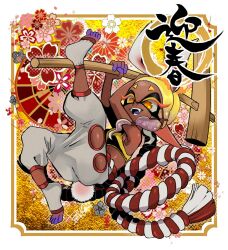 1girl animal_ears arms_up asymmetrical_hair baggy_pants bare_shoulders blonde_hair blue_tongue border chinese_zodiac colored_tongue commentary_request cropped_legs dark-skinned_female dark_skin eyelashes fangs flower_symbol forehead frye_(deep_cut_outfit)_(splatoon) frye_(splatoon) full_body gradient_hair grey_pants grey_socks harem_pants holding holding_mallet inkling isamu-ki_(yuuki) kikumon kine kouhaku_nawa mallet medium_hair multicolored_hair nengajou new_year nintendo open_mouth pants pointy_ears purple_hair rabbit_ears rabbit_girl rabbit_tail rope sakuramon shimenawa shirt short_eyebrows sleeveless sleeveless_shirt smile socks solo splatoon_(series) splatoon_3 star-shaped_pupils star_(symbol) symbol-shaped_pupils tail tassel teeth tentacle_hair toeless_legwear white_border year_of_the_rabbit yellow_background yellow_eyes yellow_shirt