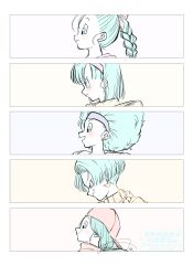 1girl absurdres afro age_progression blue_eyes border braid braided_ponytail bulma bulma_(future) dragon_ball dragon_ball_(classic) dragon_ball_gt dragonball_z earrings high_ponytail highres jewelry kanaetecho long_hair ponytail profile short_hair smile upper_body watermark white_border