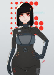 1chip_msx 1girl armor aurahack black_bodysuit black_hair blue_gloves blunt_bangs bob_cut bodysuit breastplate breasts cowboy_shot crotch_plate d-pad eyeshadow facing_viewer gloves gradient_background grey_background grey_bodysuit hair_ornament hairclip hand_on_own_hip highres hitbit legs_together looking_at_viewer makeup mascara medium_hair microcomputer msx os-tan parted_lips personification red_eyes simple_background small_breasts smile solo sony sony_hitbit standing straight_hair thigh_gap watermark wide_hips