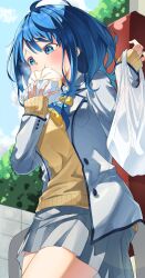 1girl absurdres ahoge bag steamed_bun blue_bow blue_bowtie blue_eyes blue_hair bow bowtie bush commentary_request eating food from_below grey_skirt highres holding holding_bag holding_food jacket make_heroine_ga_oo_sugiru! medium_hair outdoors pleated_skirt saico_isshin school_uniform skirt sky sleeves_past_wrists solo summer_uniform sweater white_jacket yanami_anna yellow_bow yellow_bowtie yellow_sweater