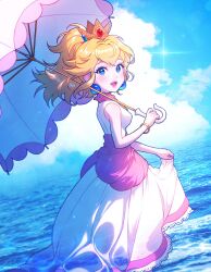 Rule 34 | 1girl, :d, alternate costume, blonde hair, blue brooch, blue eyes, blue gemstone, blue sky, breasts, clothes lift, cloud, commentary, crown, day, dress, dress lift, earrings, gem, hashtag-only commentary, highres, holding, holding umbrella, jewelry, long dress, long hair, looking at viewer, looking to the side, mario (series), medium breasts, mong (mong milo), nintendo, open mouth, outdoors, parasol, pink dress, pink lips, pink umbrella, ponytail, princess peach, red gemstone, see-through clothes, see-through dress, sky, sleeveless, sleeveless dress, smile, solo, sparkle, sphere earrings, standing, super mario sunshine, symbol-only commentary, umbrella, white dress