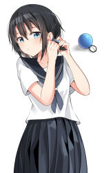 1girl black_hair black_sailor_collar black_skirt blue_eyes blush cac_itinose closed_mouth commentary_request fingernails grey_neckerchief hair_between_eyes hands_up highres looking_at_viewer neckerchief original pink_nails pleated_skirt sailor_collar school_uniform serafuku shadow shirt short_sleeves simple_background skirt solo tying_hair white_background white_shirt