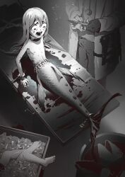 1boy 1girl barrel blood bound bound_arms bound_tail bound_wrists censored censored_nipples chain chain_leash collar crying doctor female_focus fins fish fish_tail gloves guro hair_between_eyes highres holding holding_knife ice ice_cube knife lab_coat leash loli long_hair lying mermaid mermaid_transformation metal_collar monochrome monster_girl napkin open_mouth operating_table original quentin_castel restrained scales scared screaming severed_leg severed_limb severed_tail standing stationary_restraints stethoscope table tail tears teeth thread transformation