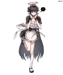 1girl absurdres alternate_costume apron black_bow black_choker black_dress black_hair black_shoes blue_archive blunt_bangs bow breasts choker cleavage dress hair_behind_ear hair_bow hair_ornament hairband hairclip heart highres kai_xin kneehighs large_breasts long_hair looking_at_viewer maid maid_apron maid_headdress rio_(blue_archive) shoes short_dress short_sleeves socks solo standing standing_on_one_leg white_apron white_hairband white_socks