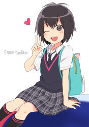 1girl animal_bag backpack bag black_hair brown_eyes character_name collared_shirt heart marvel necktie one_eye_closed open_mouth peni_parker plaid_clothes plaid_skirt school_uniform shirt short_hair short_sleeves sitting skirt smile socks solo spider-man:_into_the_spider-verse spider-man_(series) spider-verse sweater_vest uramakaron v