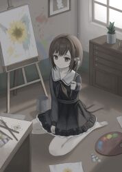1girl absurdres barefoot black_dress bow braid brown_eyes brown_hair cabinet canvas_(object) closed_mouth collarbone commentary dress easel flower hair_bow highres holding holding_paintbrush indoors kkamkkam long_sleeves looking_at_viewer neckerchief paint_can paint_palette paint_tube paintbrush painting_(object) picture_frame plant potted_plant project_sekai sailor_collar seiza shinonome_ena short_hair sitting solo sunflower symbol-only_commentary two-tone_neckerchief white_bow white_sailor_collar window