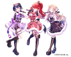 Rule 34 | 3girls, ^ ^, ascot, back bow, belt, black belt, black bow, black dress, black footwear, black gloves, black hair, black horns, blue hair, blush, boots, bow, bow skirt, breasts, frilled thigh strap, brown hair, capelet, closed eyes, commentary request, copyright notice, cross-laced clothes, cross-laced skirt, dress, dress bow, elbow gloves, finger heart, fingerless gloves, frilled gloves, frills, full body, fur-trimmed dress, fur-trimmed skirt, fur trim, gloves, hair over one eye, hair ribbon, head wings, heart, heart belt, highres, holding, holding microphone, horns, kappe reeka, knee boots, lain paterson, large bow, large breasts, legwear garter, long hair, looking at viewer, medium breasts, microphone, multicolored hair, multiple girls, nijisanji, official art, open mouth, parted bangs, pink belt, pink bow, platform boots, platform footwear, pom pom (clothes), ponytail, puffy short sleeves, puffy sleeves, purple bow, red hair, red skirt, ribbon, see-through clothes, see-through gloves, short sleeves, simple background, single elbow glove, single fingerless glove, single fishnet legwear, single glove, single head wing, sister claire, skirt, skirt set, smile, streaked hair, suspender skirt, suspenders, thigh boots, thigh strap, virtual youtuber, white ascot, white background, white bow, white capelet, white gloves, wings, yamagami karuta, yellow ribbon